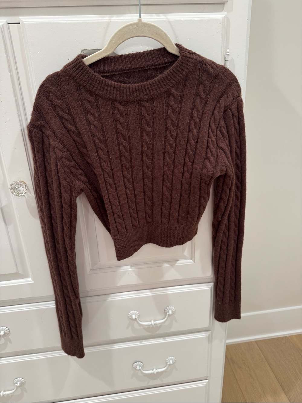 SHEIN Brown Cable Knit Cropped Crewneck Sweater